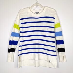 T by Talbots Striped Knit Sweater M Petite Nautical Preppy Thumbhole Summer
